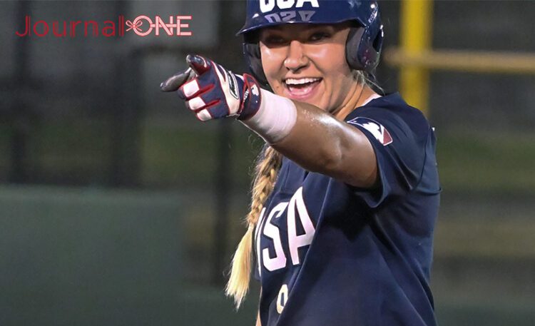 日米対抗ソフトボール2023 山口県岩国市の絆スタジアム（愛宕スポーツコンプレックス）で行われた第1戦でアメリカ代表のKinzie Hansen（キンジー・ハンセン）選手が見せたガッツポーツ-Journal-ONE撮影