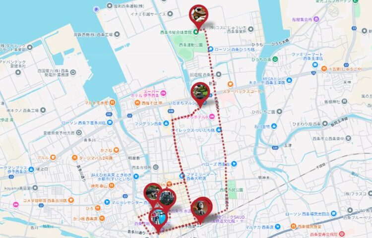 愛媛県西条市東部の伊予西条観光マップ