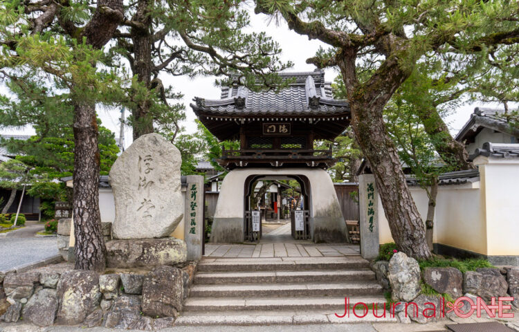 海門山満月寺浮御堂の入口、石碑と門、松の木に囲まれた風景
