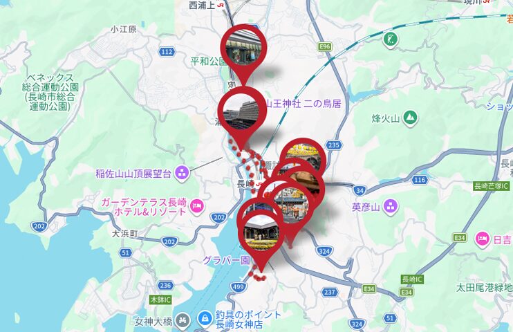 長崎 2泊3日 モデルコースの観光ルートマップ。長崎スタジアムシティからグラバー園まで、長崎市内の主要スポットを巡る最短ルート図