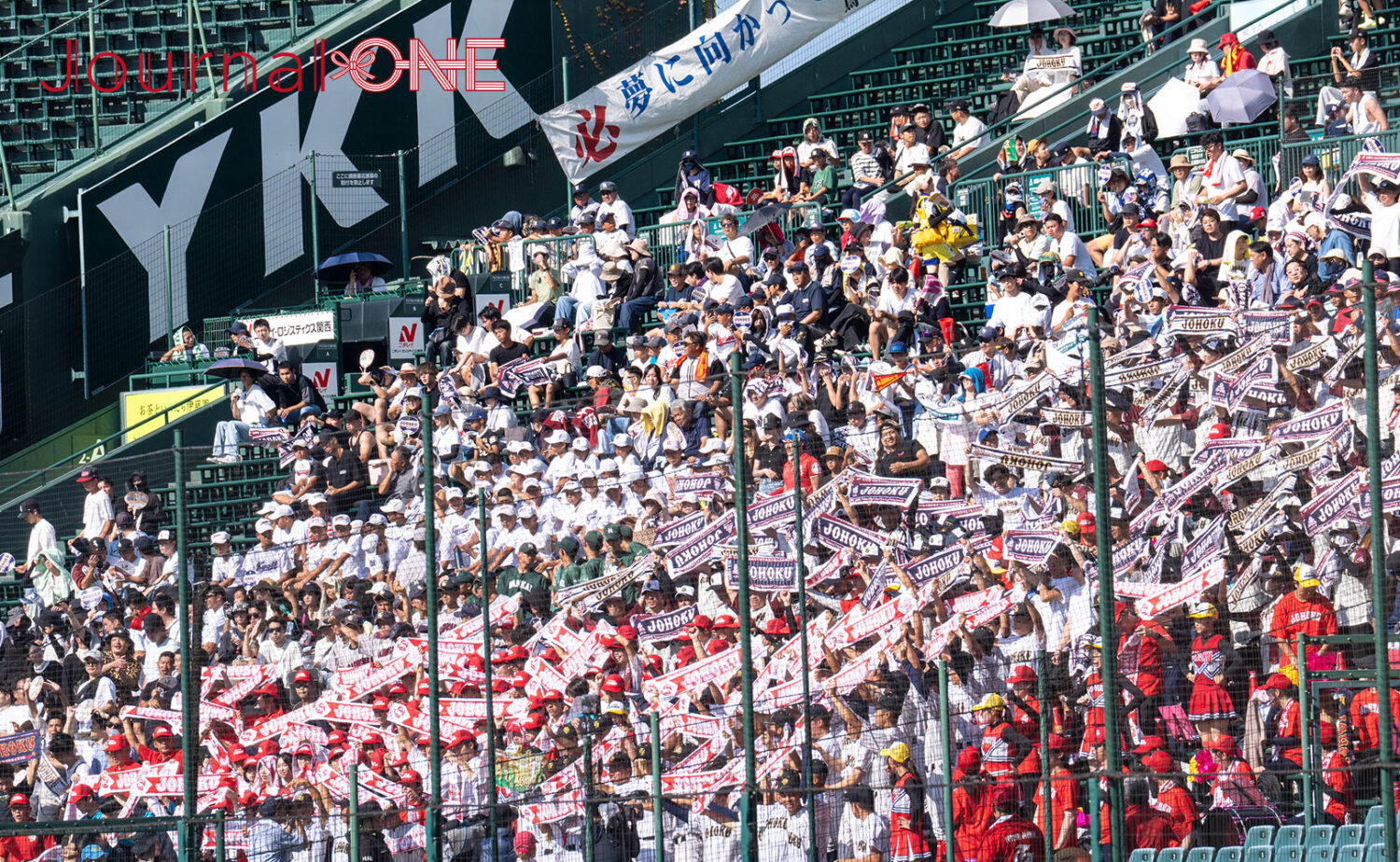 2026年選抜高校野球（センバツ）開催中の甲子園球場、スタンドで熱い声援を送る応援団と観客の様子。関西スポーツツーリズムの象徴的な風景