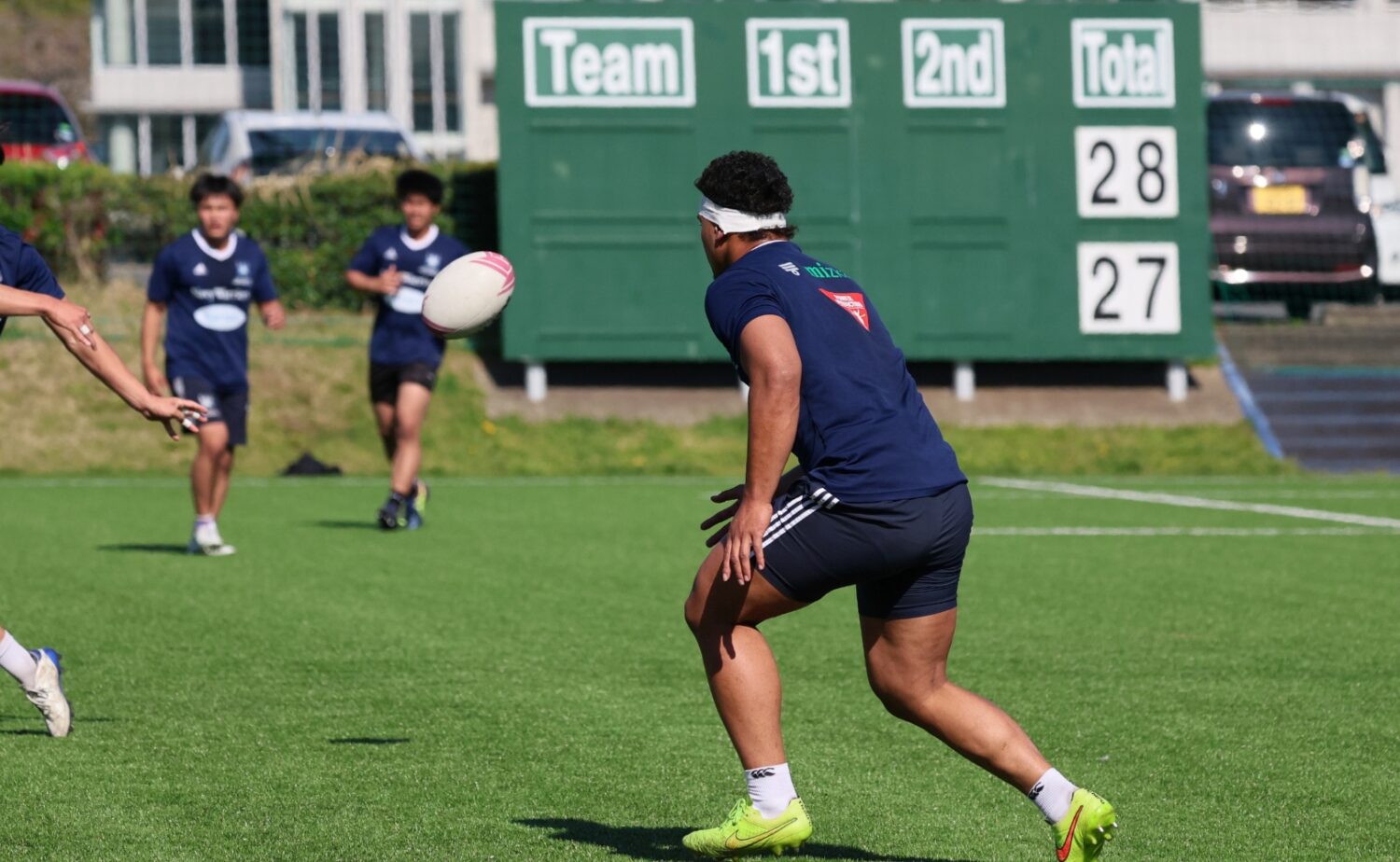 得点ボードは28－27。昨年の関東リーグ戦で東海大学に敗れた点数を表示