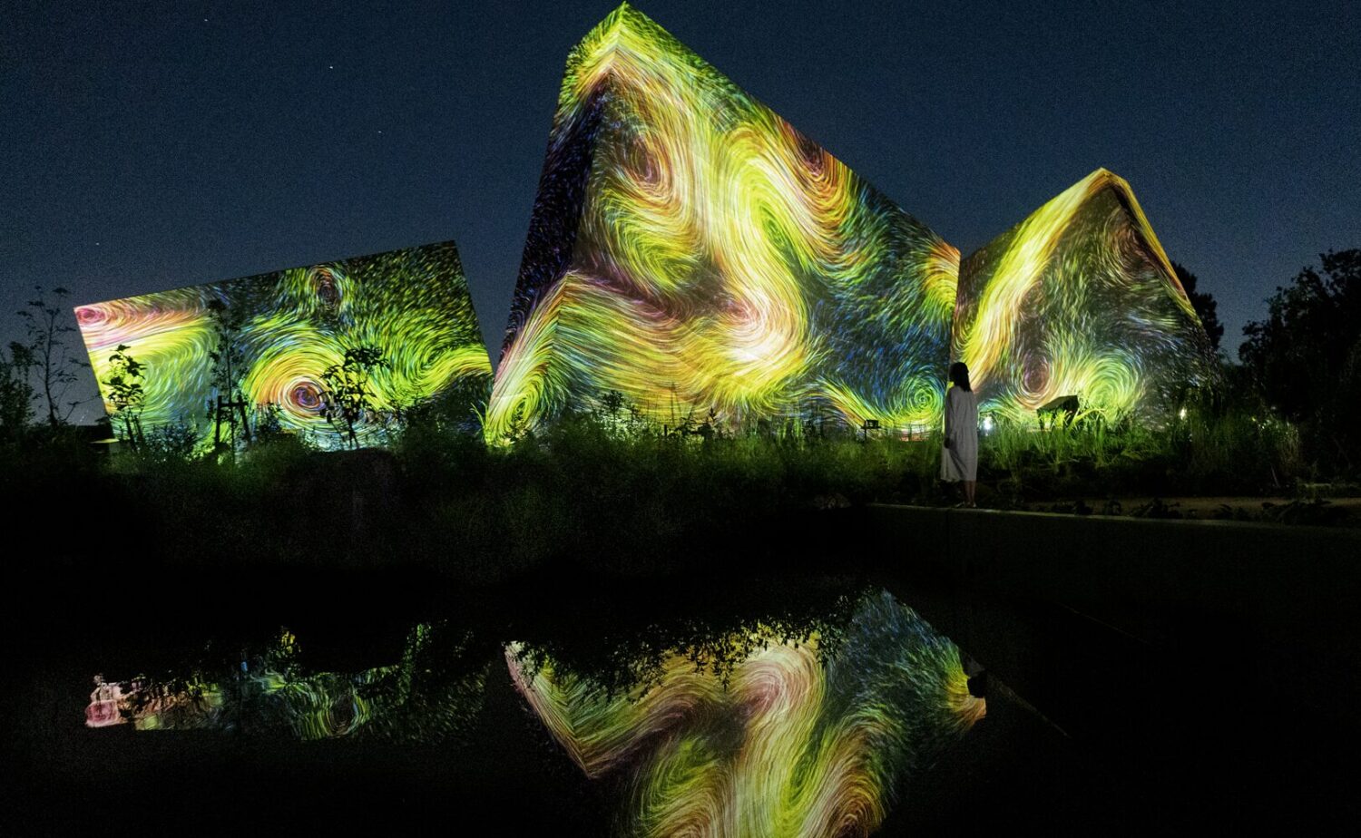 夜の静寂に包まれた植物園の池のほとり、巨大な彫刻的構造物に投影されたチームラボの作品《生命は連続する光の跡 - ツバメ》。渦巻くような黄色や緑、青の光の粒子が、まるで目に見えないエネルギーの流れを可視化したかのように力強く描かれている。水面にはその極彩色の光が鏡のように美しく映り込み、手前の草木や佇む人物のシルエットと相まって、デジタルの光と現実の生態系が溶け合う「命の循環」を幻想的に表現している。