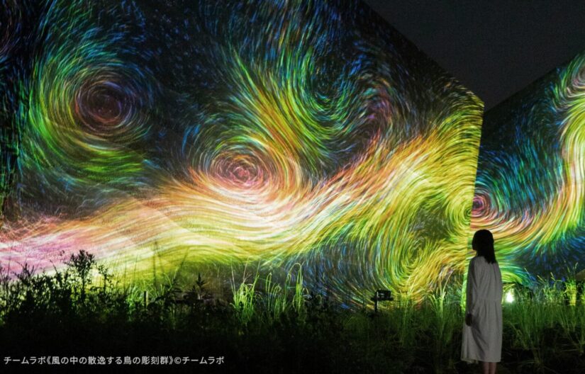 夜の闇を背景に、巨大な岩のような構造物へ投影されたチームラボのデジタルアート作品。画面全体を埋め尽くすように、黄色、緑、青の光の粒子が激しい渦潮（うずしお）のようなエネルギーの流れを描き出している。中村氏が語る「環境、流れ、地形が揃って初めて立ち上がる構造」を象徴するように、光の跡が有機的に重なり合い、物理的な境界を超えて空間全体に生命の躍動感を伝えている。手前には作品を静かに見つめる人物のシルエットが配され、デジタルが描く「目に見えないエネルギーの流れ」と現実世界が融合した、一期一会の深淵な光景を捉えたビジュアル。