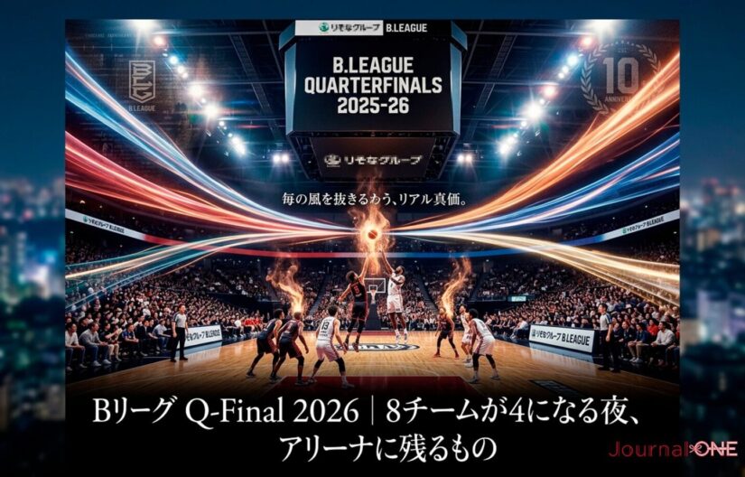 Bリーグ プレーオフ 2026のクォーターファイナルが開催される夜のアリーナ。コート上で火花を散らす選手たちと、満員の観客席、そして背景に広がる都市の夜景を描いたキービジュアル。